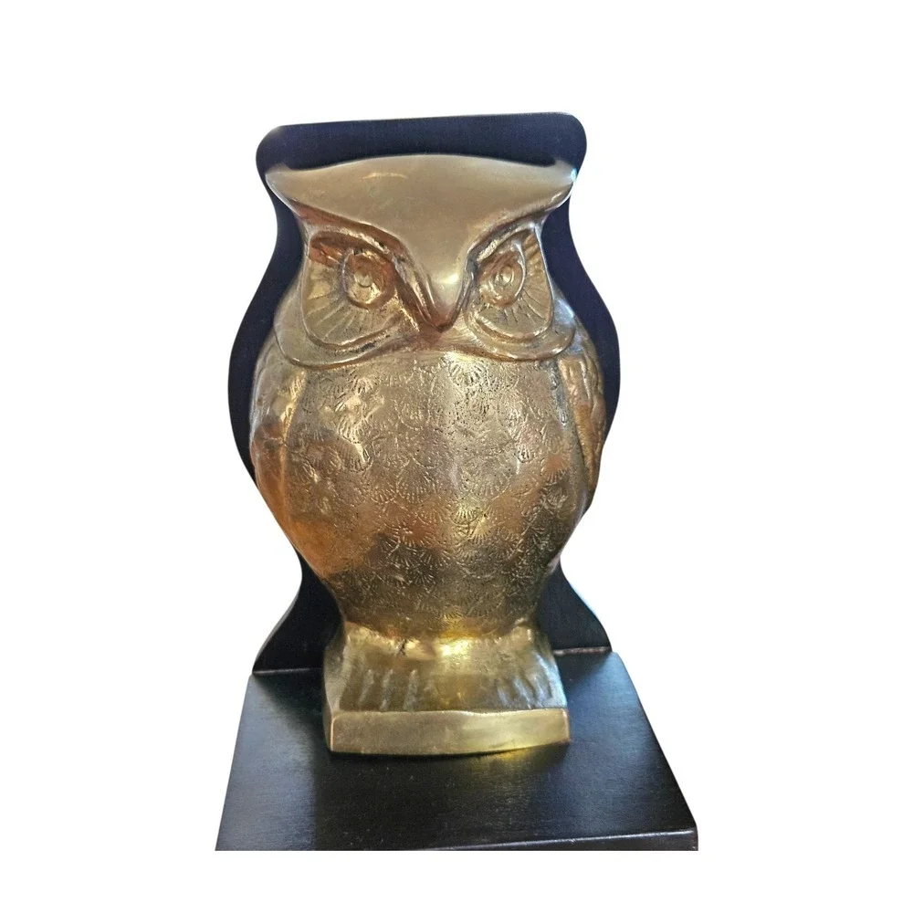 Vintage 50s Mid-Century Modern Solid Brass Owls Figurine Bookend Engraved Patina